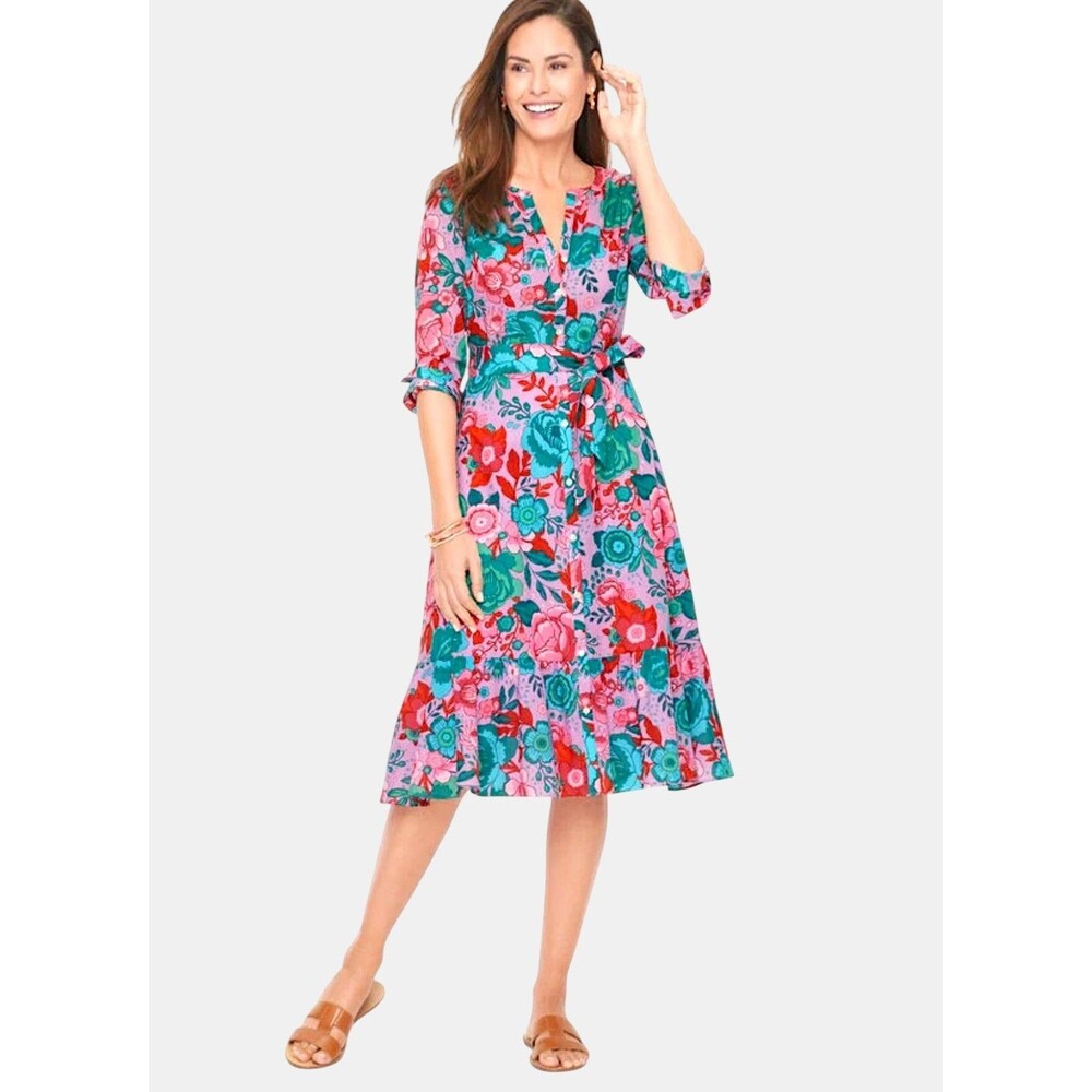 Talbots Sketched Blooms Floral Cotton Shirtdress Garden Party Palm Beach 6P